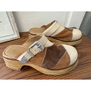 Vintage Chunky Platform Womens Size 10 Clogs Brown Patchwork Y2K 90 Academia